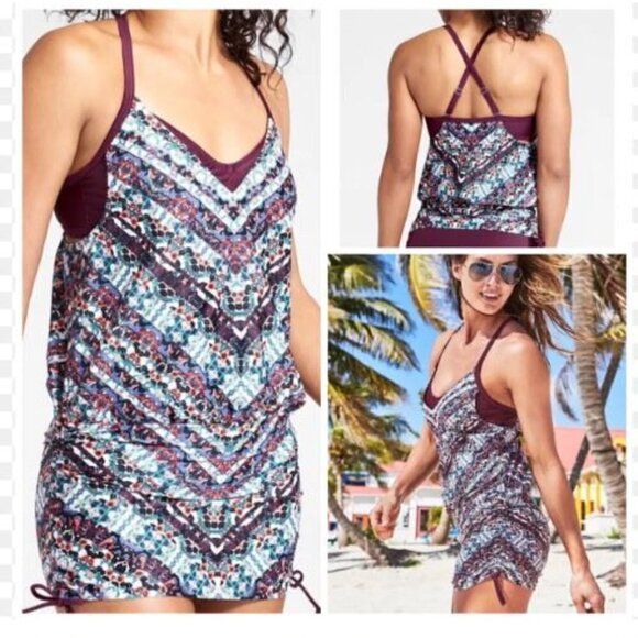 Athleta Marrakesh Side Scrunch Tankini Top Geometric Striped Purple (36 B/C) New - Picture 1 of 10